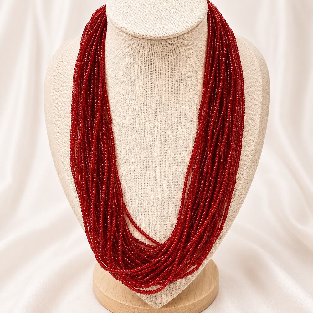 Red Multistrand Seed Bead Statement Necklace 20 Inch N649 - Picture 2 of 4